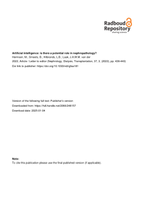 人工智能：在肾病学中是否有潜在作用？Hermsen, M.；Smeets, B.；Hilbrands, LB；Laak, JAWM van der 2022，文章/致编辑的信（肾脏病学、透析、移植，37，3，（2022），第 438-440 页）
